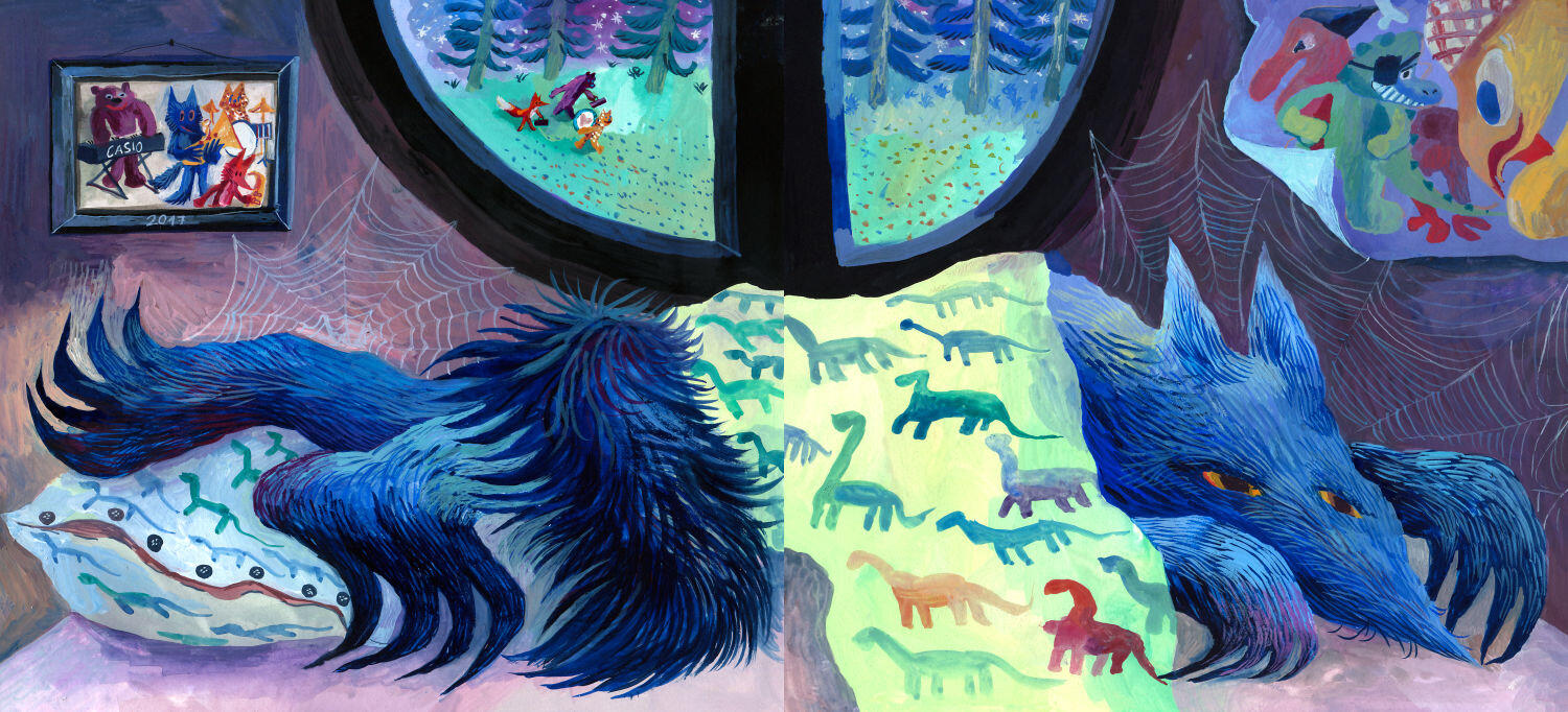 Ala Flora / 2020 / Zawiesina / graduation project / gouache book illustration / depressed wolf