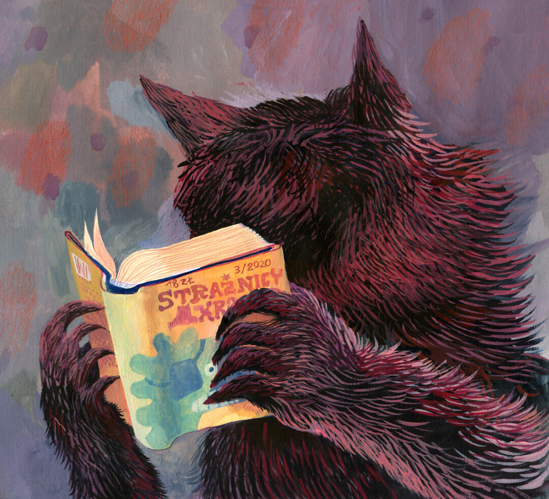 Ala Flora / 2020 / Zawiesina / graduation project / gouache book illustration / wolf reading comic book