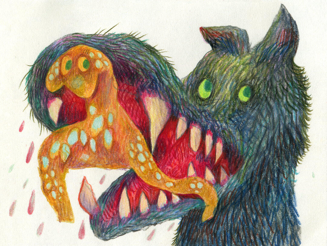 Ala Flora / 2021 / colored pencil illustration / a hungry wolf devours a baby dear