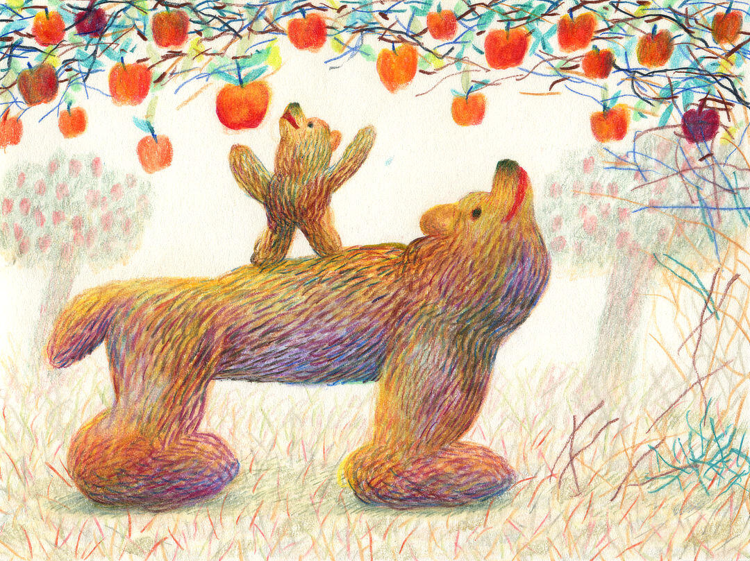 Ala Flora / 2021 / colored pencil illustration / mama bear with a baby reaching for an apple tree
